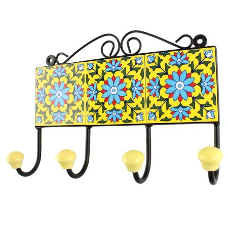 Yellow Base Turquoise Sunflower Ceramic Tile Hook